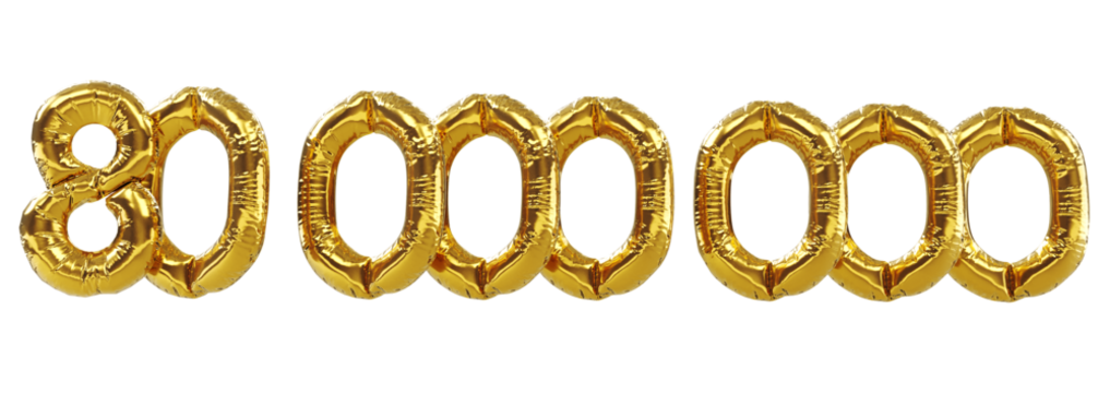 3D render of 80m or 80000000 followers thank you Gold balloons, eighty millions gold number balloons