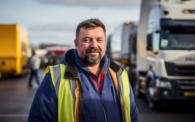Handsome fat male lorry driver in front of lorries parking