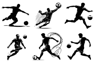 Fototapeta premium The Beautiful football: African Footballers in Action, player and goalkeeper, Silhouette Outlines, editable vector