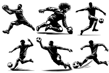 The Beautiful football: African Footballers in Action, player and goalkeeper, Silhouette Outlines, editable vector © Anass