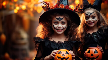 Happy halloween children in costumes and makeup holiday happy halloween