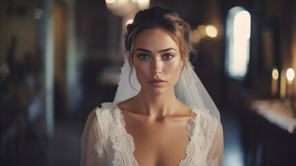 Naklejka premium Elegant Bride in Vintage Room with Soft Ambient Lighting