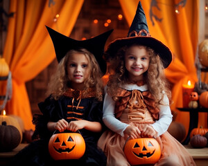 Fototapeta premium Happy halloween children in costumes and makeup holiday happy halloween
