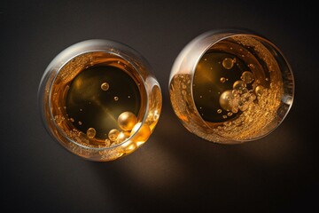 Two classy glasses, brimming with golden bubbles, seen from above on a plain backdrop. Generative AI
