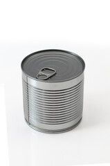 Grey metallic tin can cylindrical shaped sealed food container