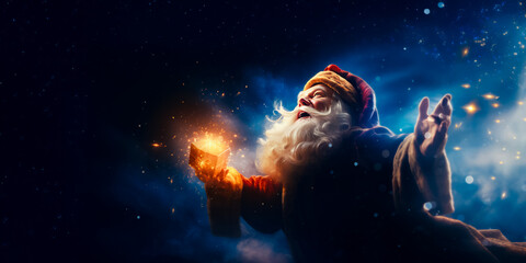 Obraz premium illustration of Santa Claus or Saint Nicholas holding magic gift box. Christmas time. Fairytale