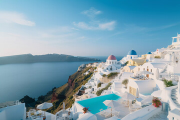 Sunset Serenity: Santorini's Iconic Blue Domes Overlooking the Aegean