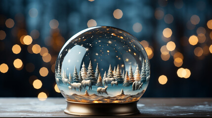 Fototapeta na wymiar Snow globe with trees on winter snowfall background. generative ai