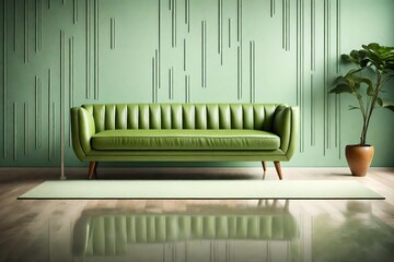 Light green leather sofa against wall with copy space