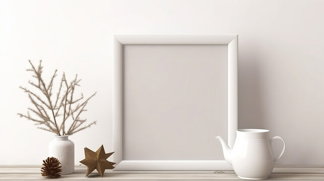 Christmas still life. Blank wooden picture frame mockup. Cup of coffee, pine tree. generative ai