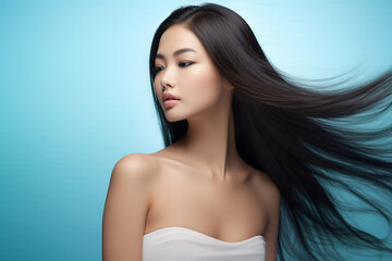 Fototapeta premium Elegant Asian Woman, Silky Hair on Blue Background. beauty products, shampoo and cosmetics