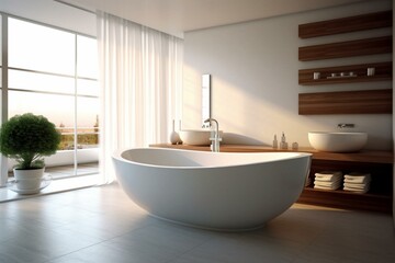 Fototapeta na wymiar Simple modern bathroom with white basin, bathtub, and unique interior design. Generative AI