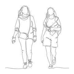 2 women walking. Holding mobile phones. Single line drawing. Black and white vector illustration in line art style.