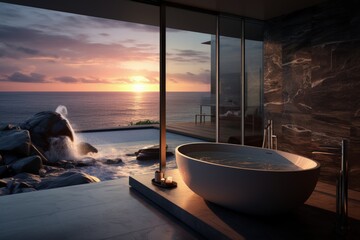 Bathroom design planning, luxury style flawless , relaxing place with a view of the sea scenery, magnificent original design. Toilet room for hygiene, space for spa.
