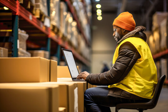 A worker using a computer in a warehouse