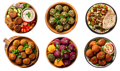 Set of falafels balls on a wooden plate isolated transparent background.