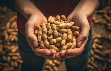 peanuts are laying in someone's hands - obrazy, fototapety, plakaty