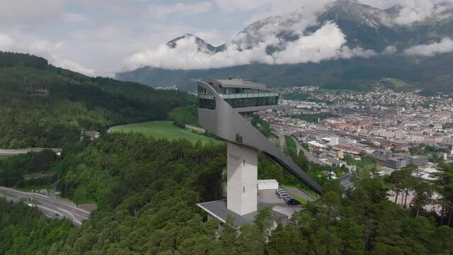 Aerial Shot of Bergisel Ski Jump in Innsbruck designed by the British-Iraqi architect Zaha Hadid in Innsbruck, Austria
