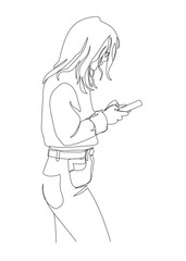 Woman in glasses using phone. Wearing jeans. Side view. Continuous line drawing. Black and white vector illustration in line art style. 