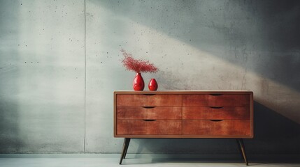 Retro-style chest of drawers with wooden elements against the background of a concrete wall