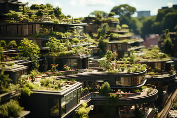 A network of green rooftops in an urban landscape, highlighting the integration of nature into city planning. Generative Ai.