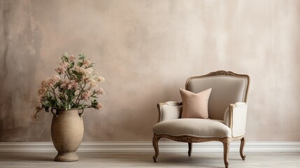 Retro style chair against the background of a concrete wall, decorated furniture element in the room