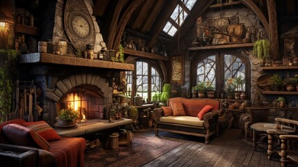 Obraz premium The interior of a rustic house with a fireplace and a cozy atmosphere, with garden elements visible outside the windows