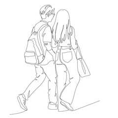Young couple walking. Man in glasses wearing backpack. Side view. Single line sketch. Black and white vector illustration in line art style.