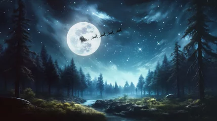 Papier Peint photo Lavable Pleine lune beautiful landscape of a forest with the full moon and santa claus flying on his sleigh on christmas night