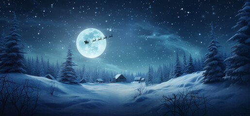 beautiful landscape of the north pole with full moon and santa claus flying on his sleigh on christmas night - obrazy, fototapety, plakaty
