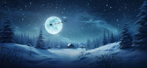 Photo sur Aluminium Pleine lune beautiful landscape of the north pole with full moon and santa claus flying on his sleigh on christmas night