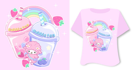 Kawaii sweet animal cute animal on pink background for t shirt . Inspirational quote card, invitation, banner, lettering, poster. Cartoon character happy  tee preschool bubble tea 