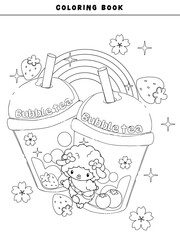 Coloring book pages for kids and adults with doodle cartoon kawaii graphic design hand drawn illustration of a set of food