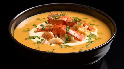 Zoom in on a bubbling pot of creamy lobster bisque, garnished with a drizzle of rich, velvety cream.