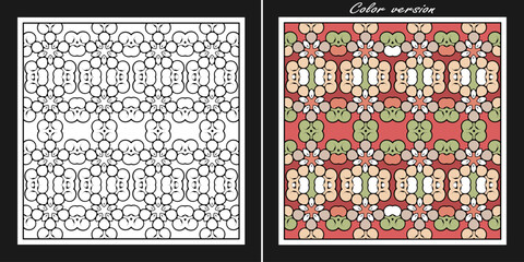 Openwork contour ornament for coloring. Plus a color option. Vector illustration