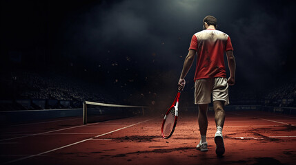 A tennis player with a racket in his hand standing backwards on the court in the dark - obrazy, fototapety, plakaty