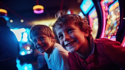 Group of children friends playing games in retro arcade game hall