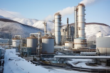 Obraz premium Winter view of pipe on petrochemical factory