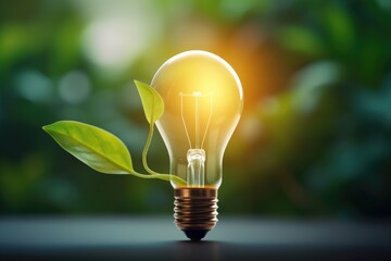 Light bulb surrounded by green leaf