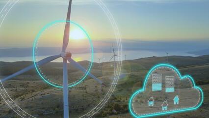Digital Presentation Of A Wind Turbine Generating Alternative Energy For Smart City. 3D graphics