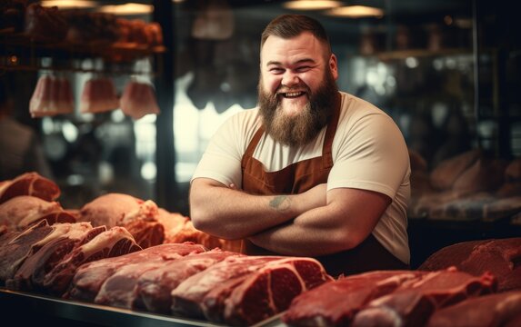 Handsome happy muscular butcher posing in his own shop