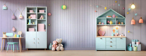 little children boys or girls bedroom furniture interior design with toys and colorful cabinets, empty blank wall with copy space as wide banner mockup for daycare and kindergarten - obrazy, fototapety, plakaty