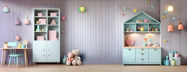 Fotobehang little children boys or girls bedroom furniture interior design with toys and colorful cabinets, empty blank wall with copy space as wide banner mockup for daycare and kindergarten © sizsus