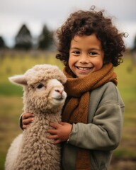 A child hugging an alpaca