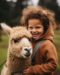A child hugging an alpaca
