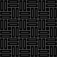 Parquet pattern. Basket weave motif. Braiding stripes ornament wallpaper. Seamless surface pattern design with black polygons. Digital paper for textile print, web designing. Vector art illustration.