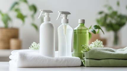 Fototapeta na wymiar A set of blank eco-friendly detergent bottles near fresh linen