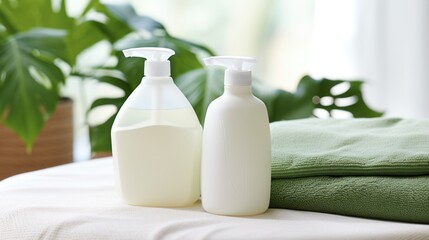 Fototapeta na wymiar A set of blank eco-friendly detergent bottles near fresh linen