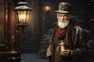 An artistically rendered image features an old man in the traditional, old Christmas style, capturing the nostalgic flair reminiscent of characters from classic holiday tales.