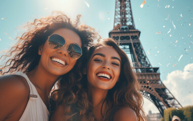 Beautiful women friends is taking selfie in front of the Eiffel Tower in Paris